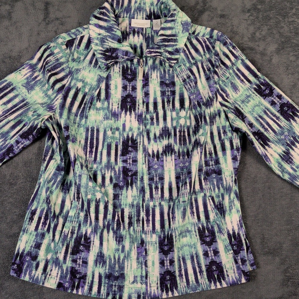 Weekends By Chicos Women Lightweight Jacket 2 Zip Multicolor Brush Stroke Print
